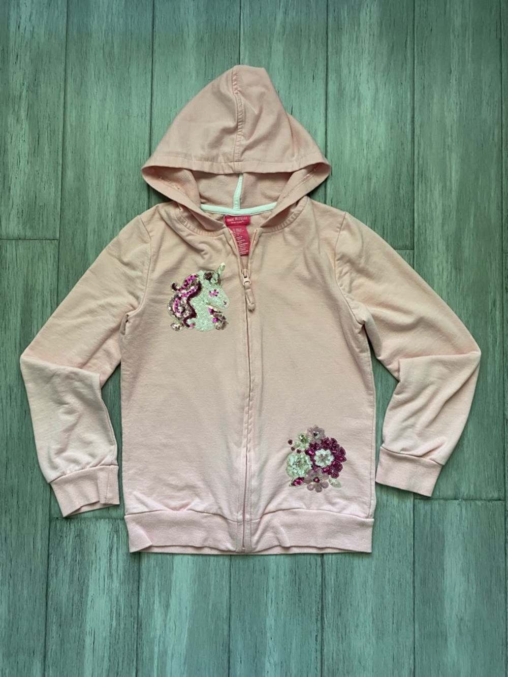 Isaac Mizrahi Girls Pink Zip-Up Hoodie with Sequin Unicorn M(10-12)